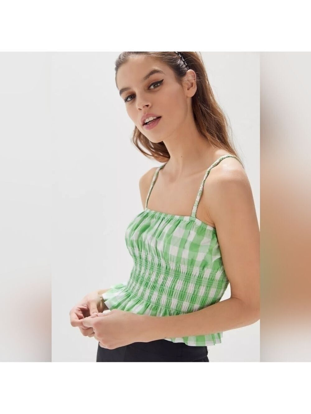 XS • Urban Outfitters • Smocked Ruffle Cropped Top In Green Gingham Check Plaid